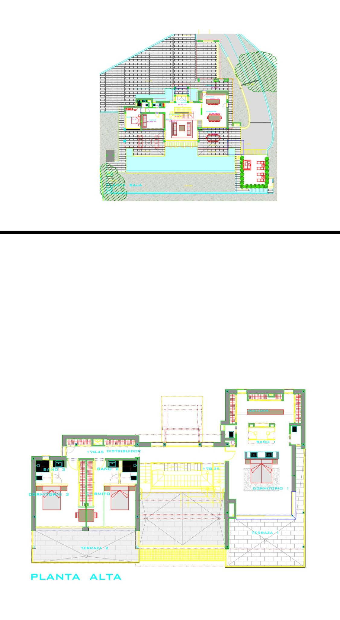Upper floor plan showing bedrooms, bathrooms, and terrace access.