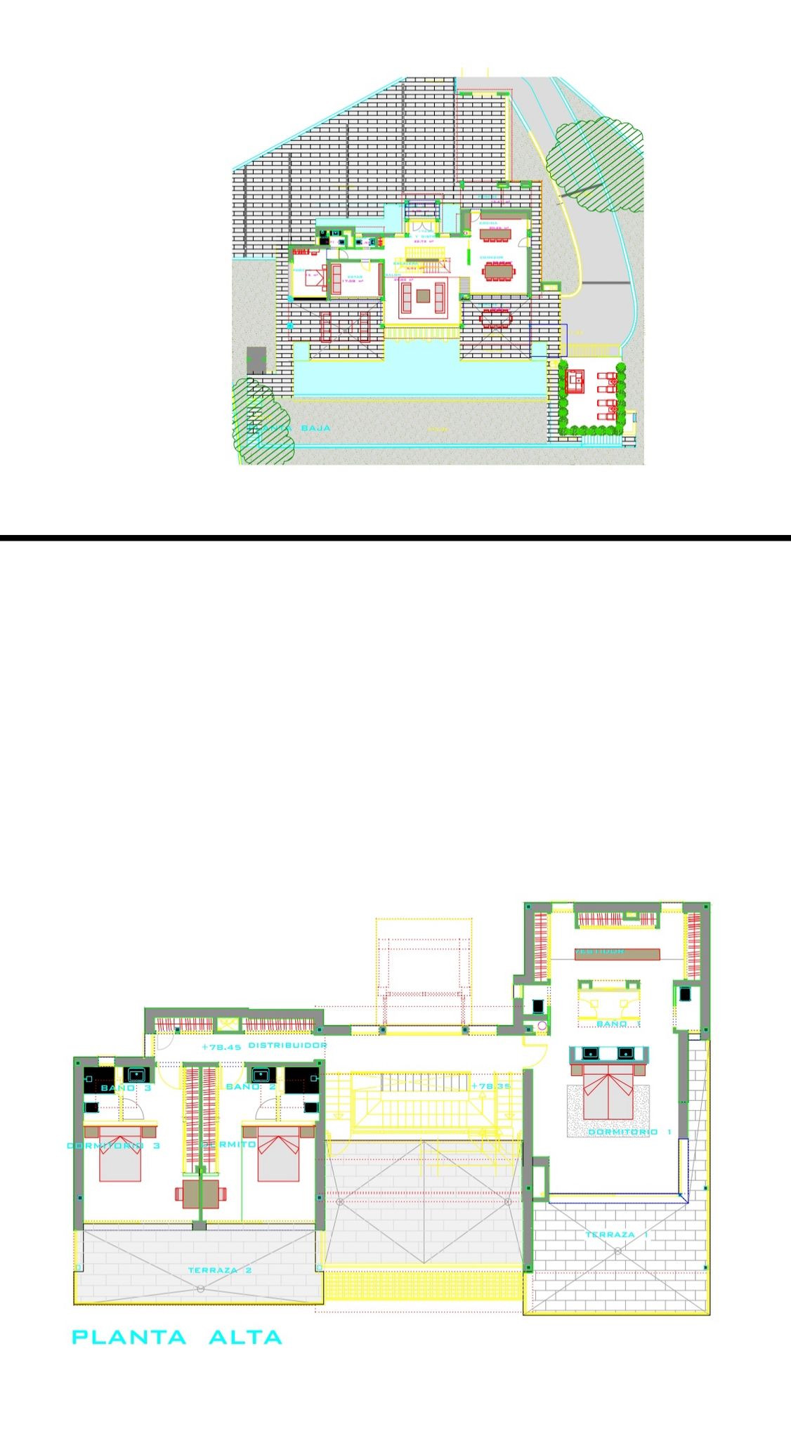 Top-down view of the ground floor layout with room placements and outdoor areas.