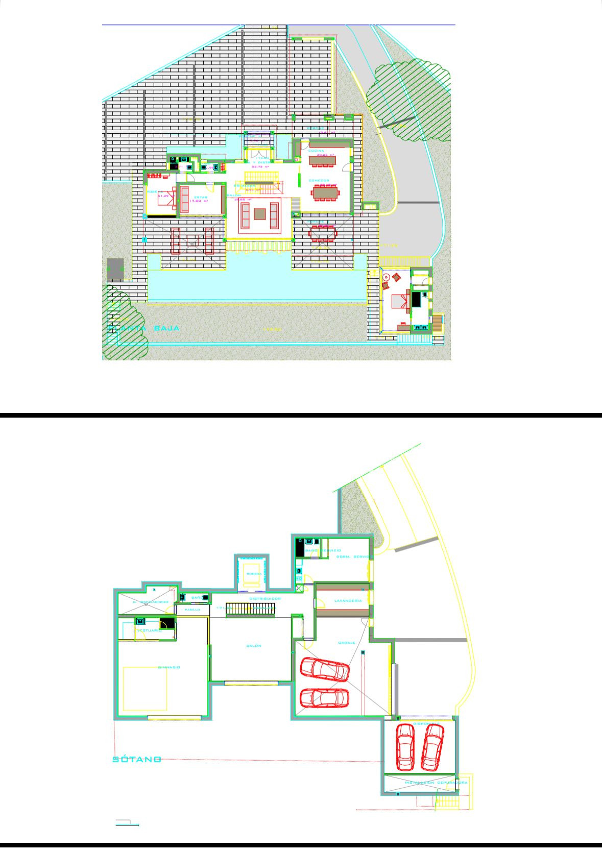 Overall site plan indicating ground and lower levels, outdoor dining, and pool area.