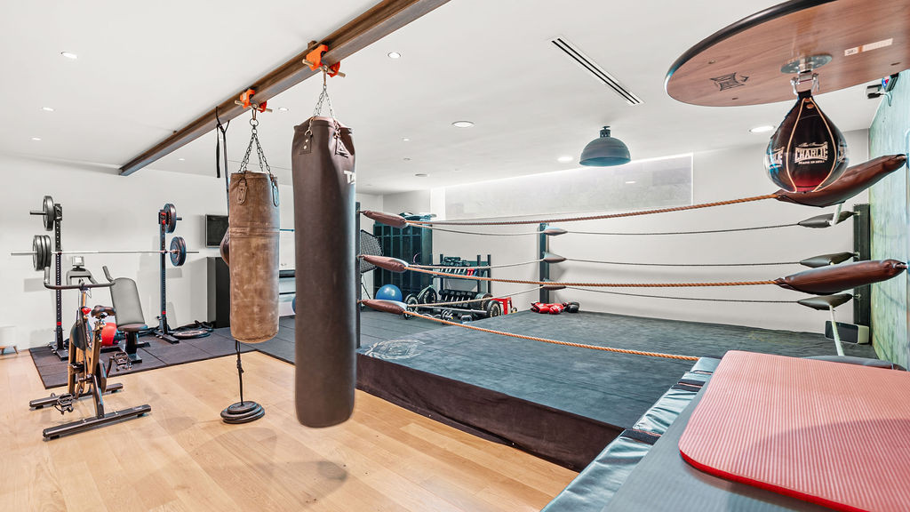 Overhead view of the gym featuring weights and a boxing ring, with workout equipment neatly arranged.