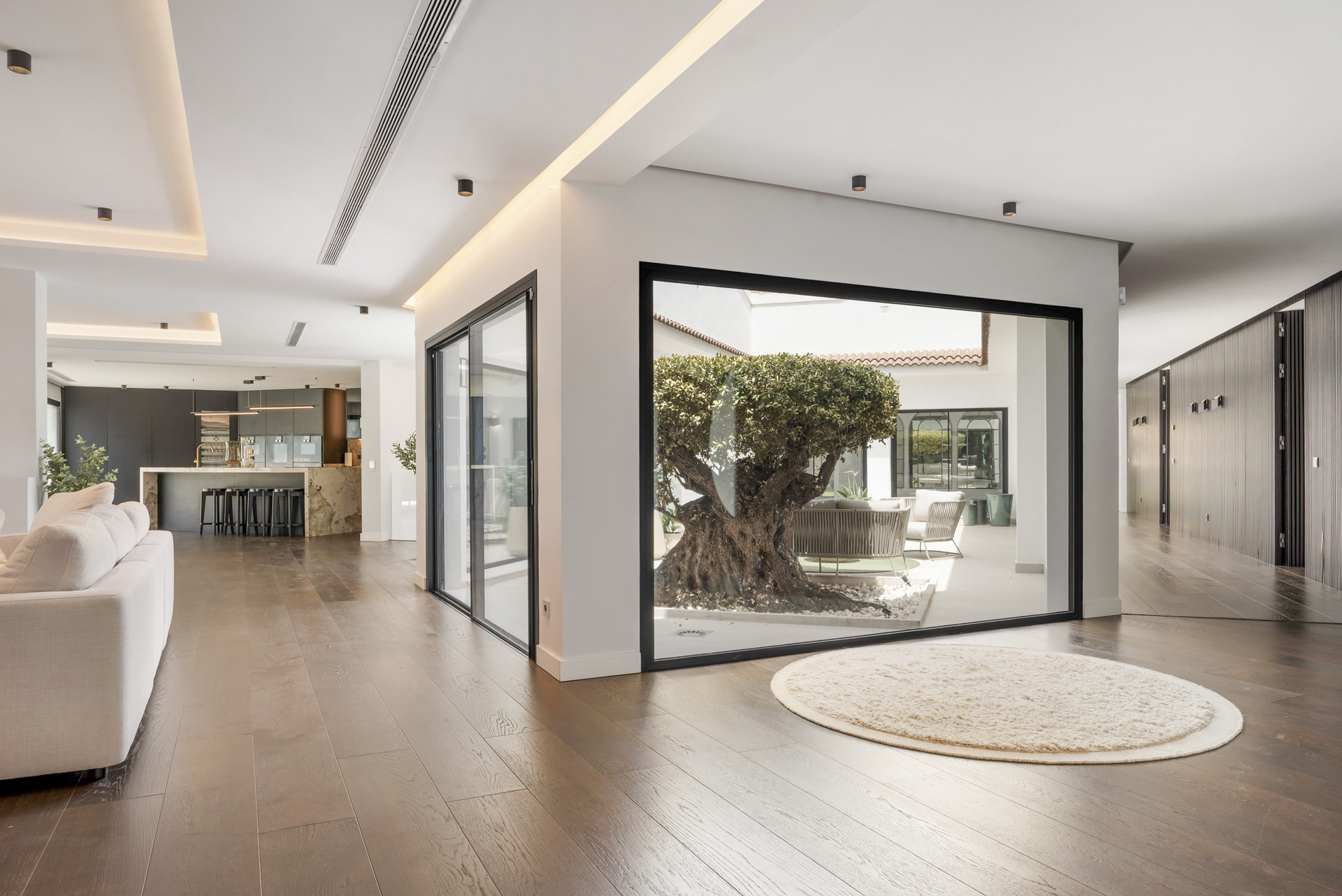Spacious living area with hardwood flooring, featuring views of an outdoor tree and modern kitchen area.