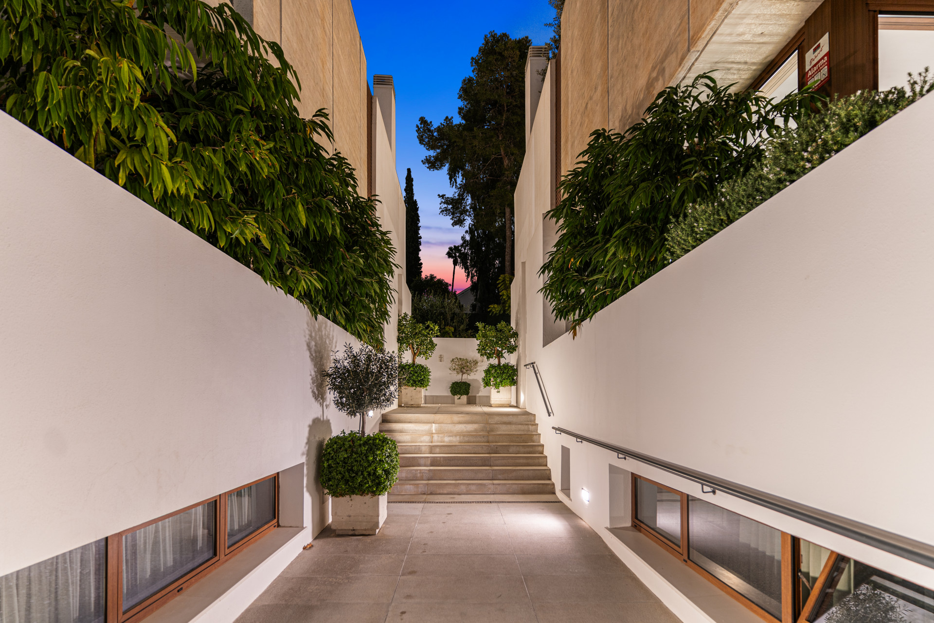 Pathway flanked by greenery leads to stairs and evening sky.