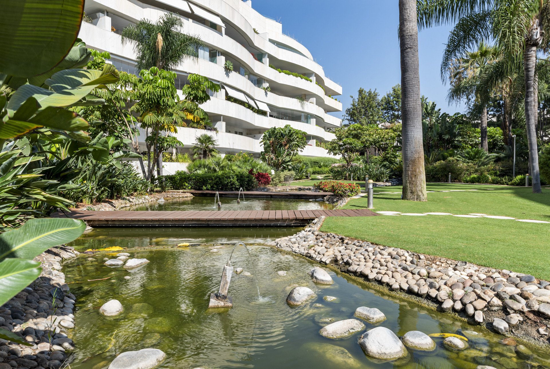 A landscaped garden view with a pond, wooden bridge, and tropical plants.