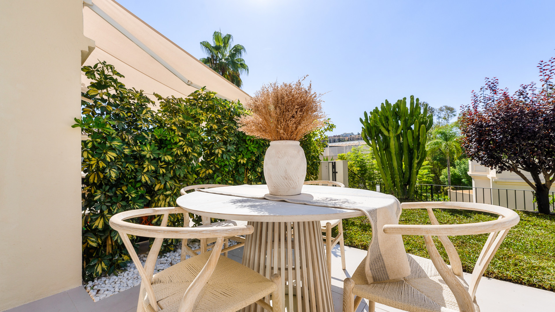 Table setting on the terrace with potted plants and sunny sky visible in the background.