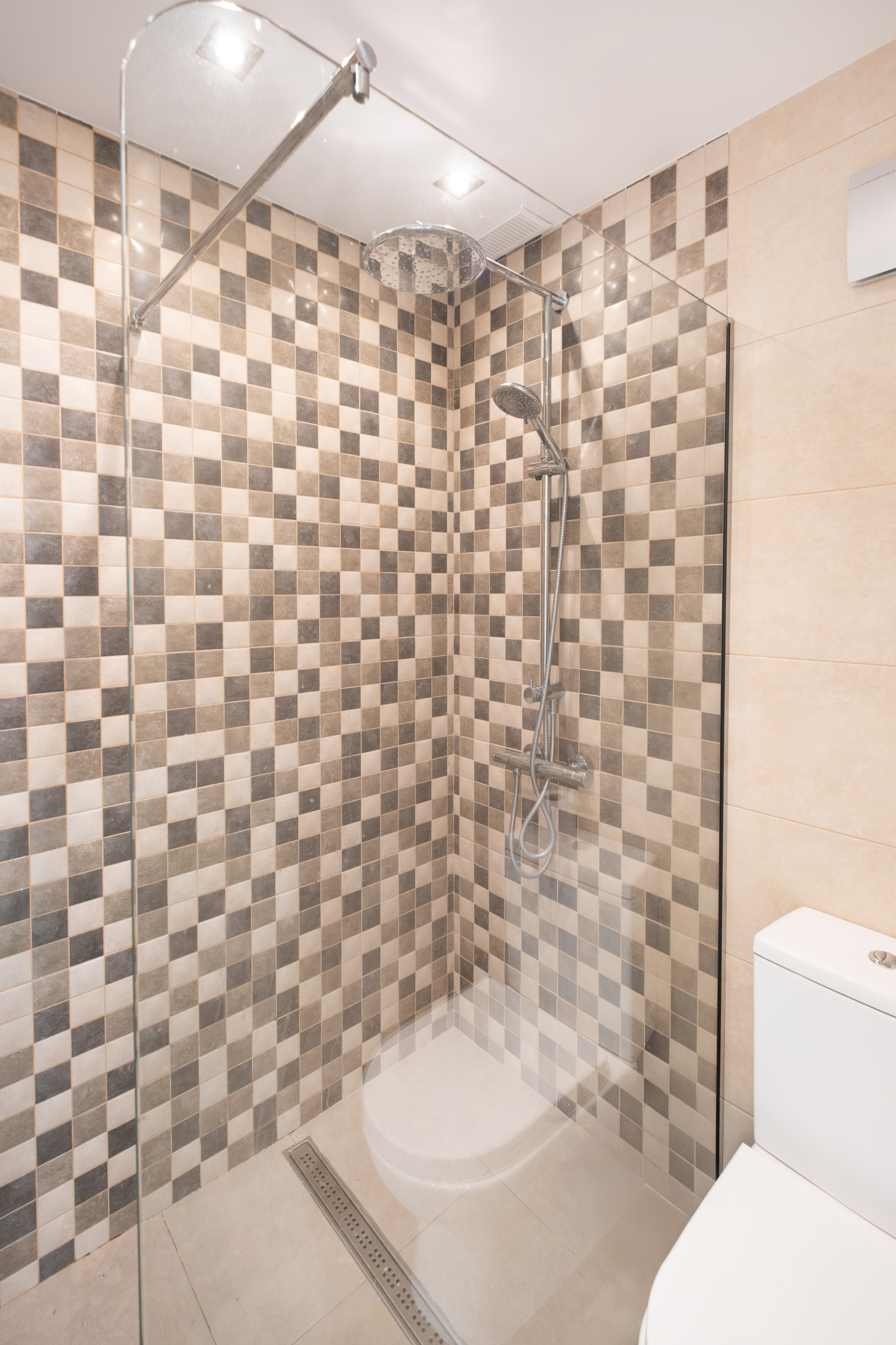 Shower area featuring glass walls, overhead rainfall shower, and checkered tile design.
