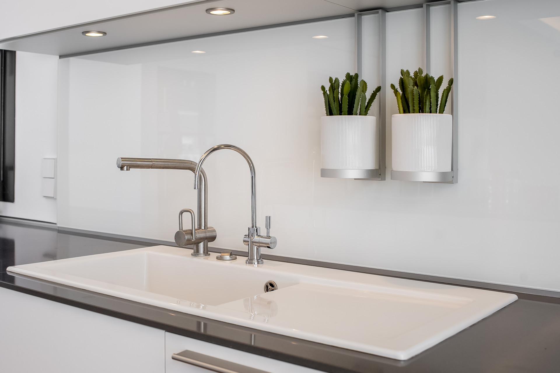 Close-up of a sleek sink area with modern faucet and potted plants on the wall.