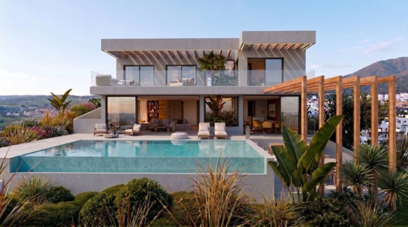Brand-new four-bedroom villa in Estepona with panoramic sea and golf views, a private pool and garden, and 89 m² of terraces.