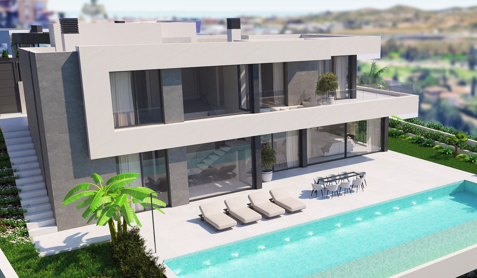 Brand-new four-bedroom villa in Mijas Costa with sea, marina and panoramic views, private pool, private garden, 308 m² of terraces and parking for two cars.