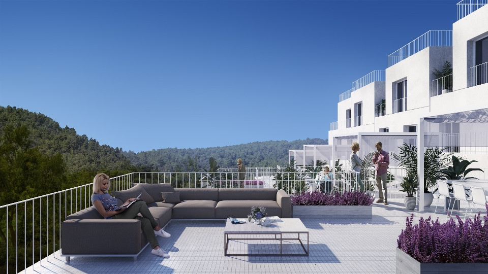 New built townhouses fronting the river in Benahavis village