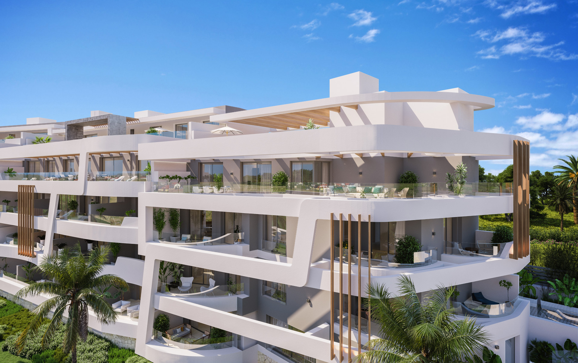 Complejo frontal al golf en plano de apartamentos y áticos contemporáneos a la venta en Guadalmina – Marbella