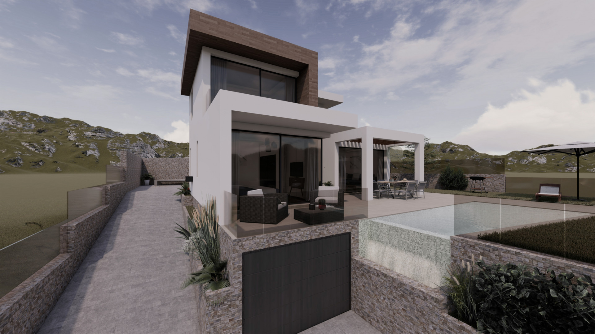 South facing sleek and modern new build villa boasts privileged views over golf course and coast.