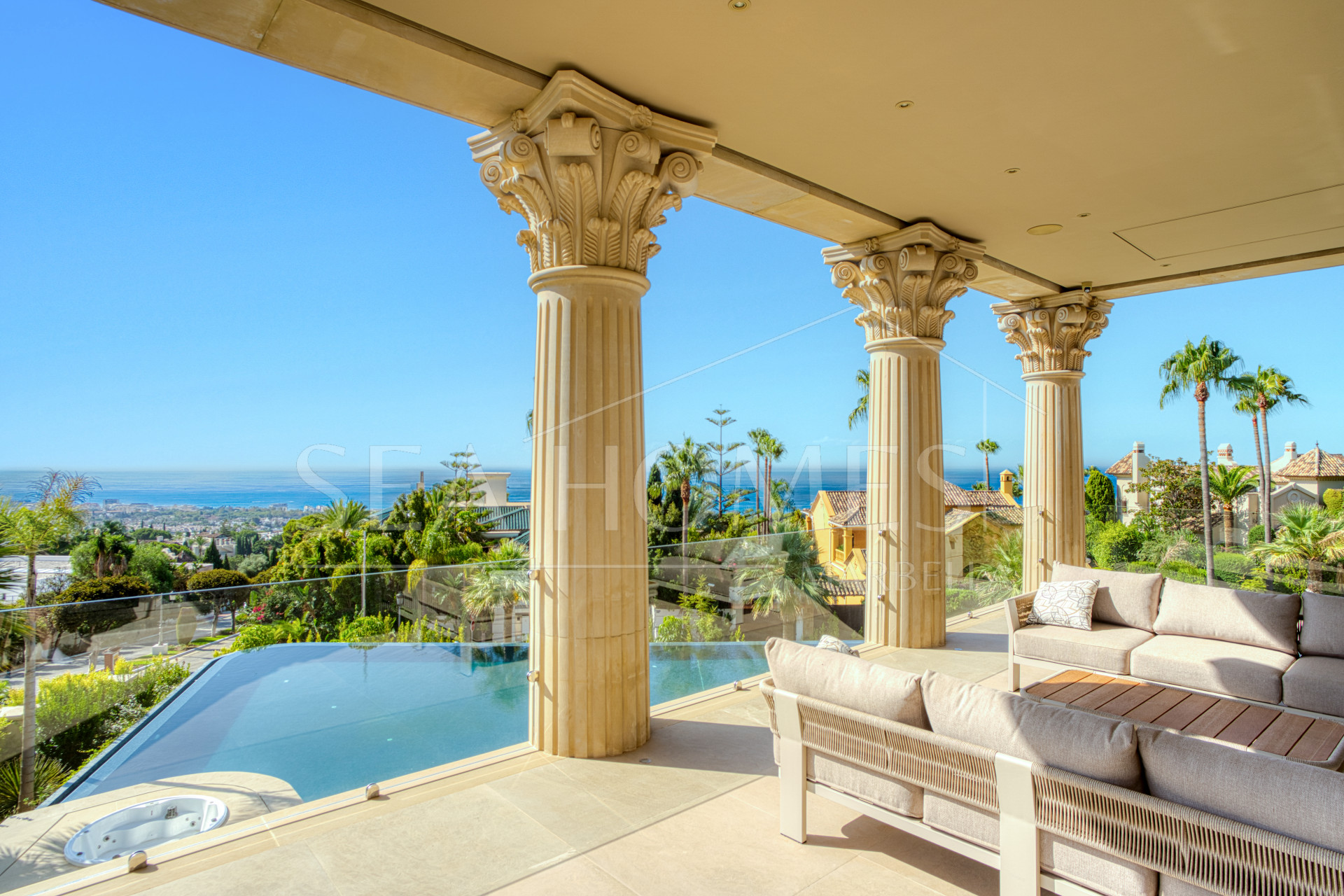 An architecturally unique, south-facing property located in the exclusive gated community of Sierra Blanca on Marbella’s prestigious Golden Mile