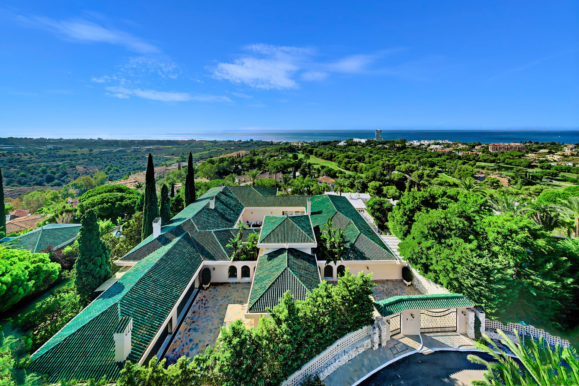 Luxury ten bedroom south-facing hilltop villa with panoramic views located in Rio Real, Marbella.