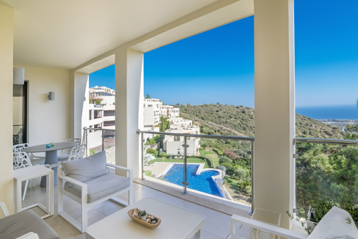 Elegante y moderno apartamento de dos dormitorios en el exclusivo Samara Resort en Marbella con impresionantes vistas panorámicas al mar