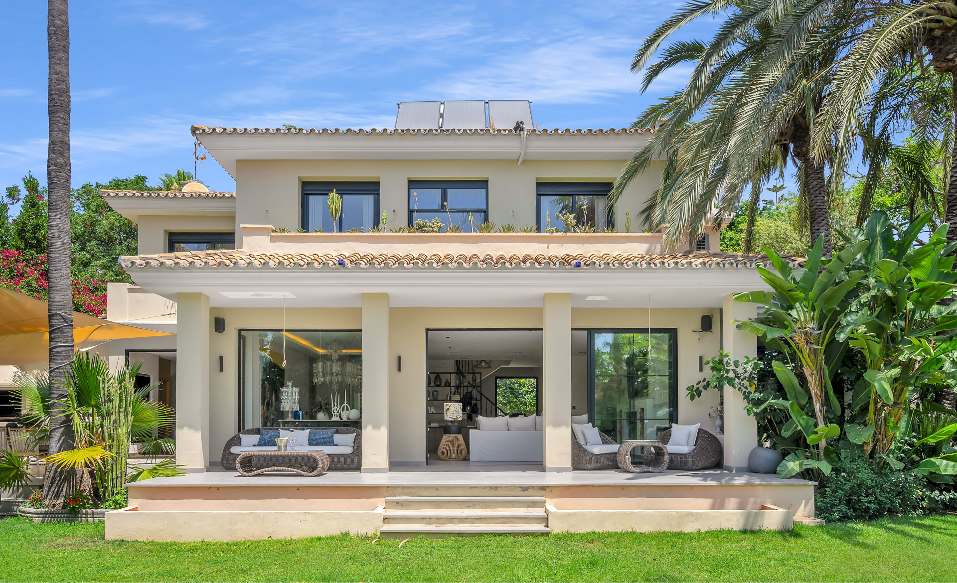 A stunning contemporary villa in the prestigious Xarblanca area of Marbella, offering sophisticated, contemporary interiors and beautiful private pool and gardens.