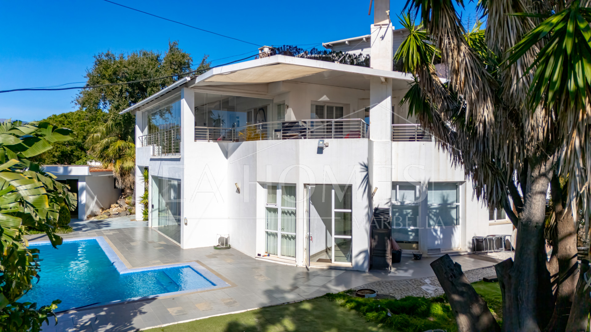 Unique eight bedroom south facing villa, in a tranquil area of Elviria, Marbella boasting sea views
