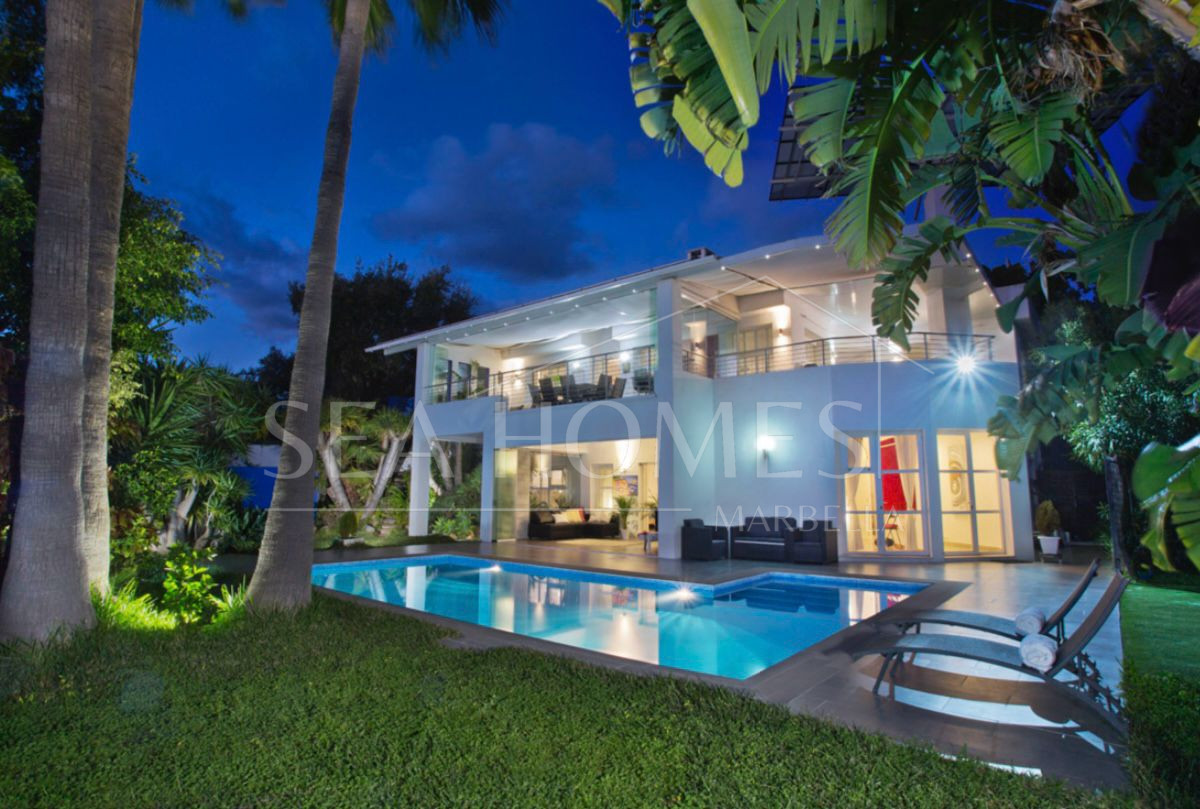Unique eight bedroom south facing villa, in a tranquil area of Elviria, Marbella boasting sea views