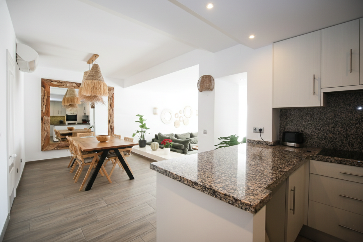 Beautiful south facing, two bedroom apartment located within the beachfront community of Jardines de las Golondrinas, Elviria