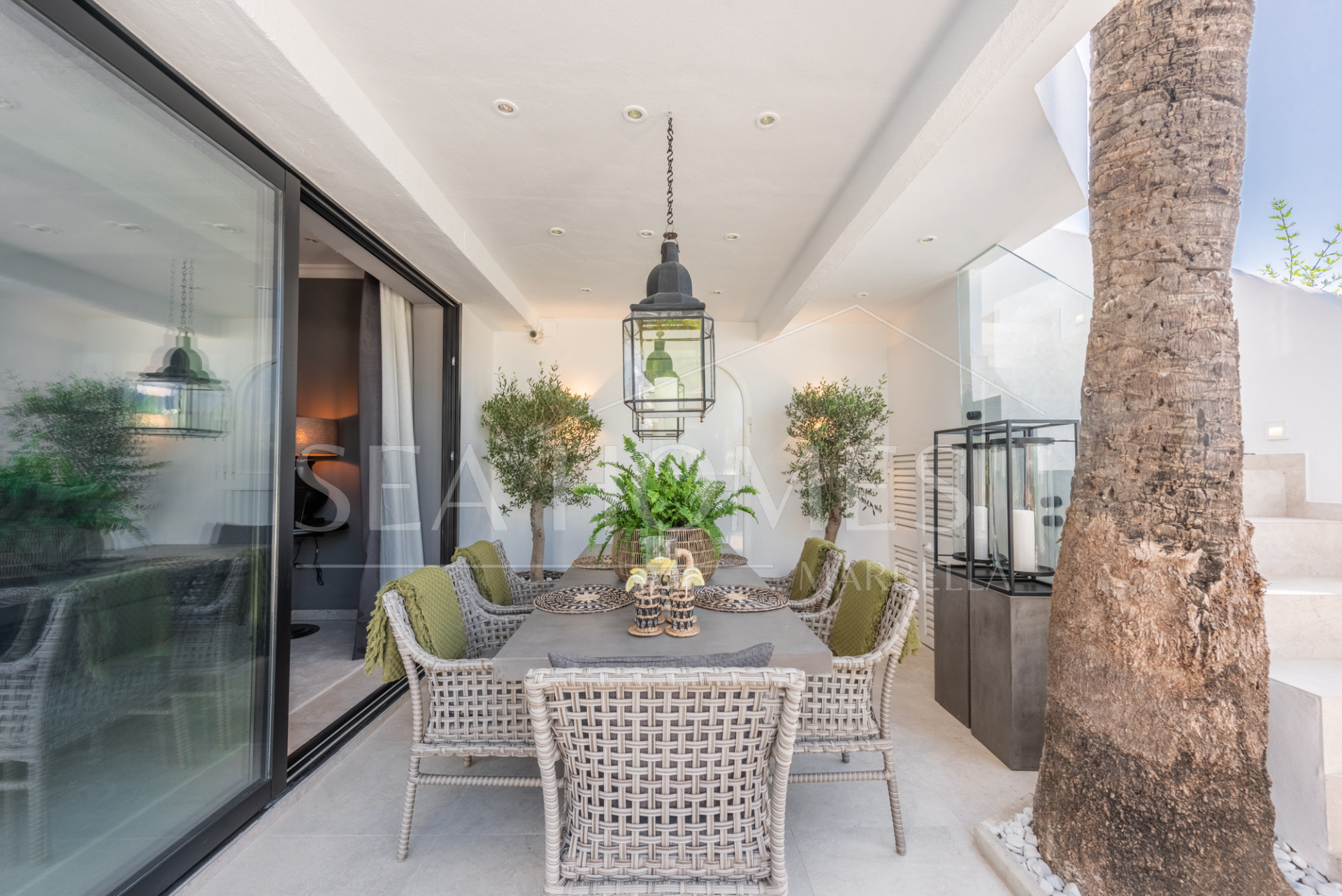 Scandi-style design bungalow in the beachfront Oasis Club on Marbella's Golden Mile.