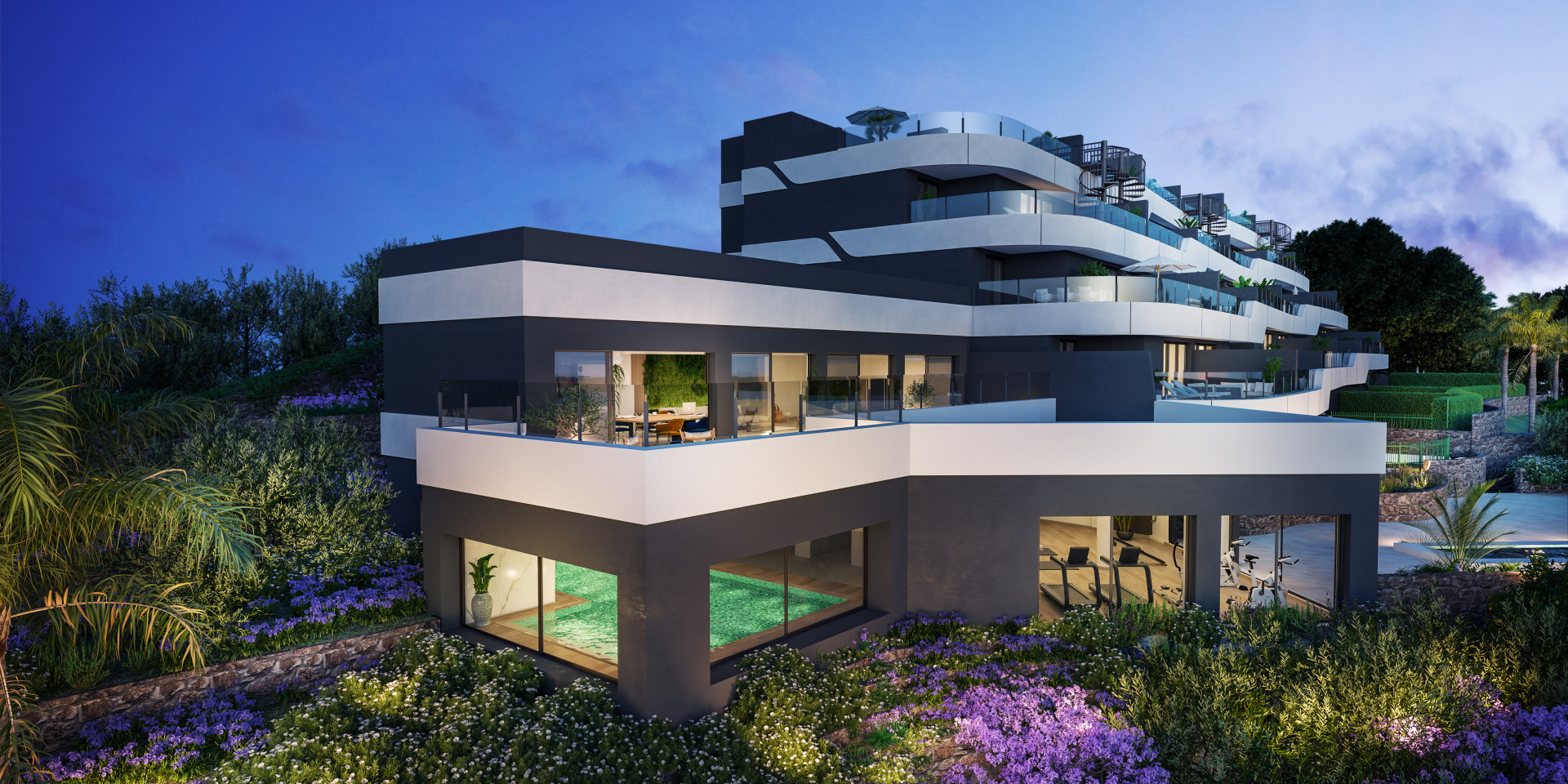 215 exclusivas viviendas especialmente diseñadas para disfrutar del estilo devida mediterráneo. Se ubica en un enclave privilegiado, a mitad de caminoentre Estepona y Marbella.