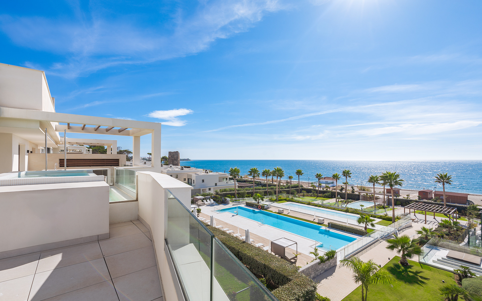 Frontline beach luxury penthouse with panoramic open sea views in Velaya in Estepona