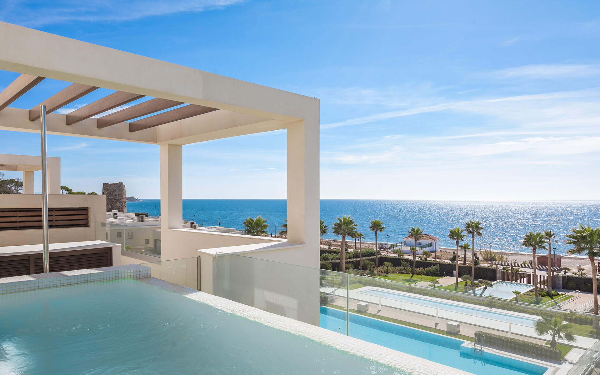 Frontline beach luxury penthouse with panoramic open sea views in Velaya in Estepona