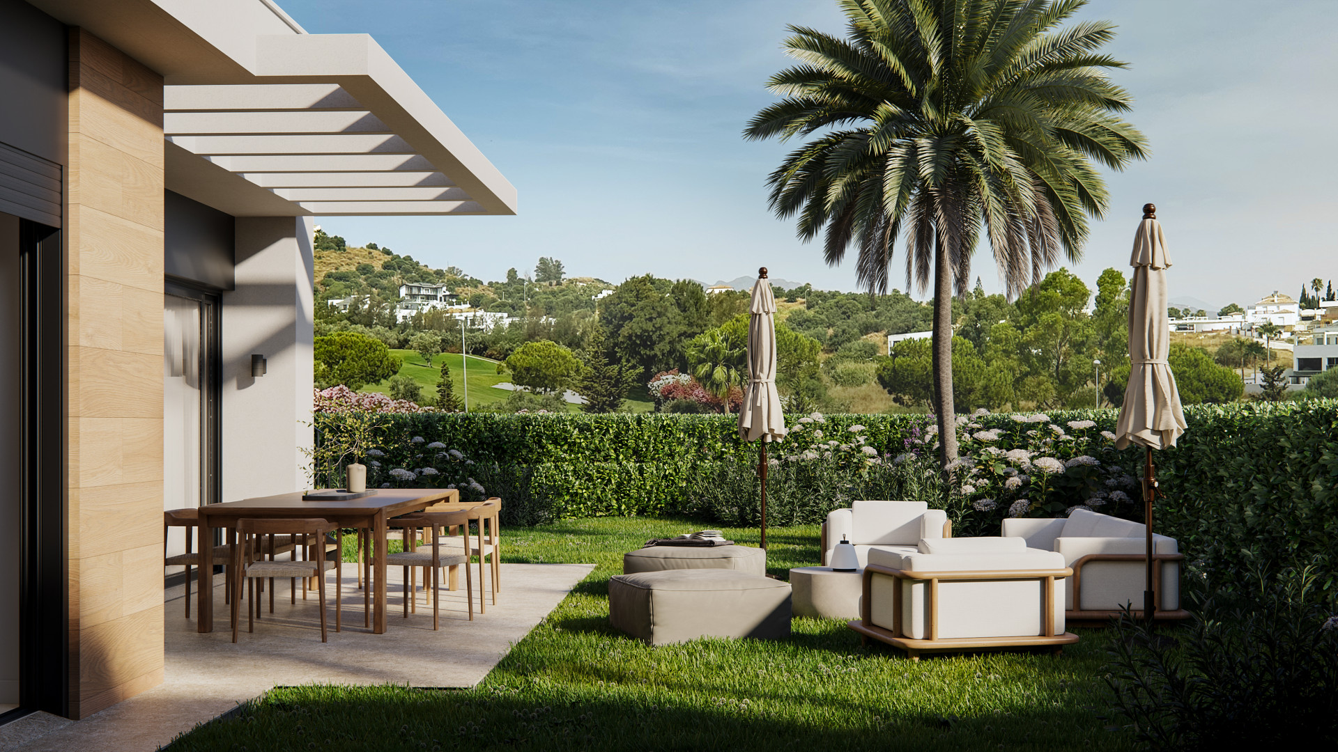 Pareado a estrenar en Cerrado del Águila, Mijas, con terraza privada de 132 m², piscina y jardín privados, vistas a la montaña y garaje privado.
