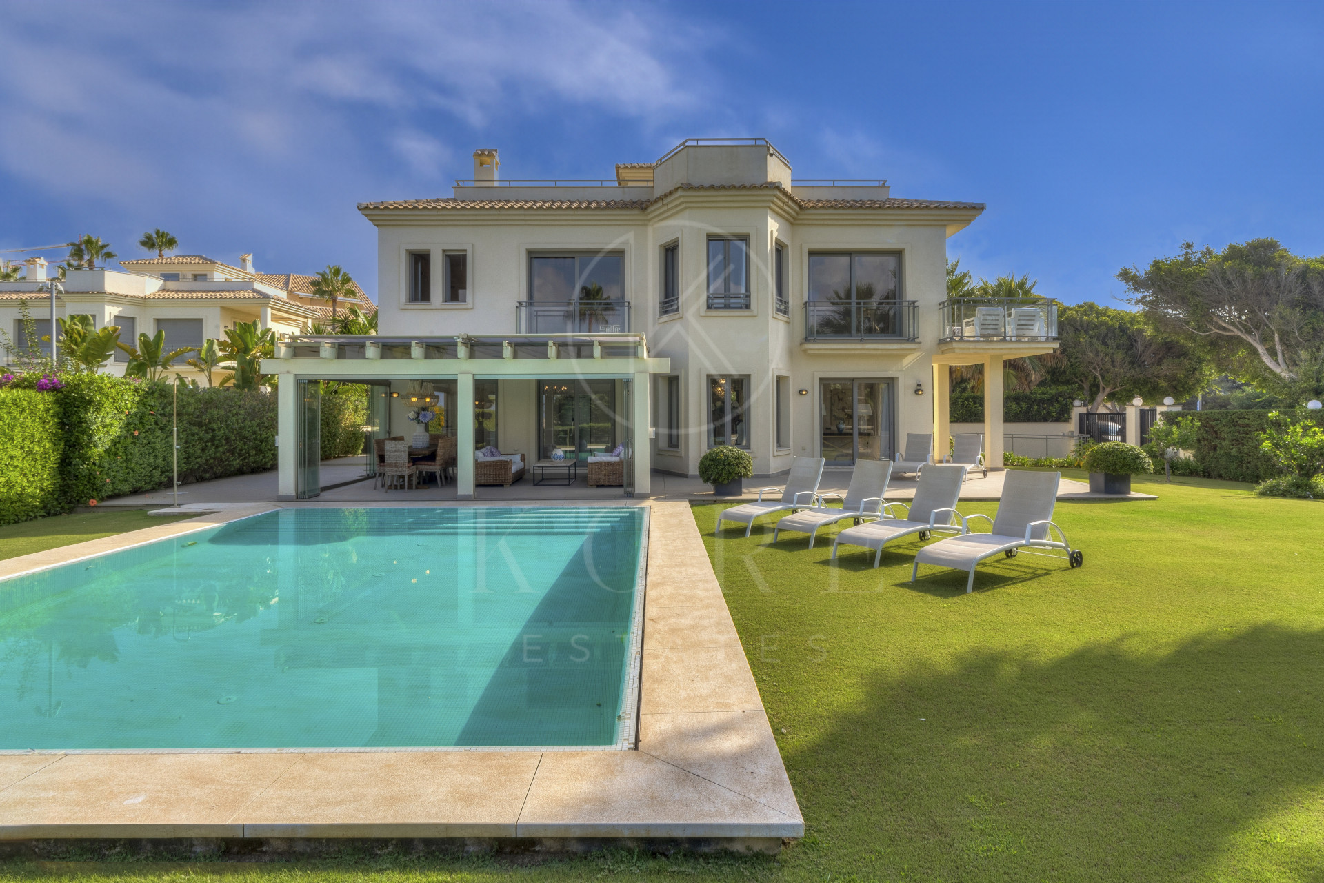 Immaculate five bedroom, south facing beachfront villa located in El Rosario, Marbella East with incredible sea views