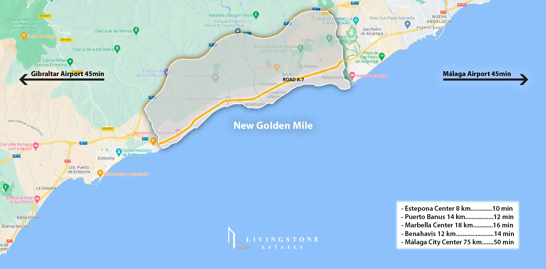 Map showing the New Golden Mile in Estepona and approximate access to nearby destinations