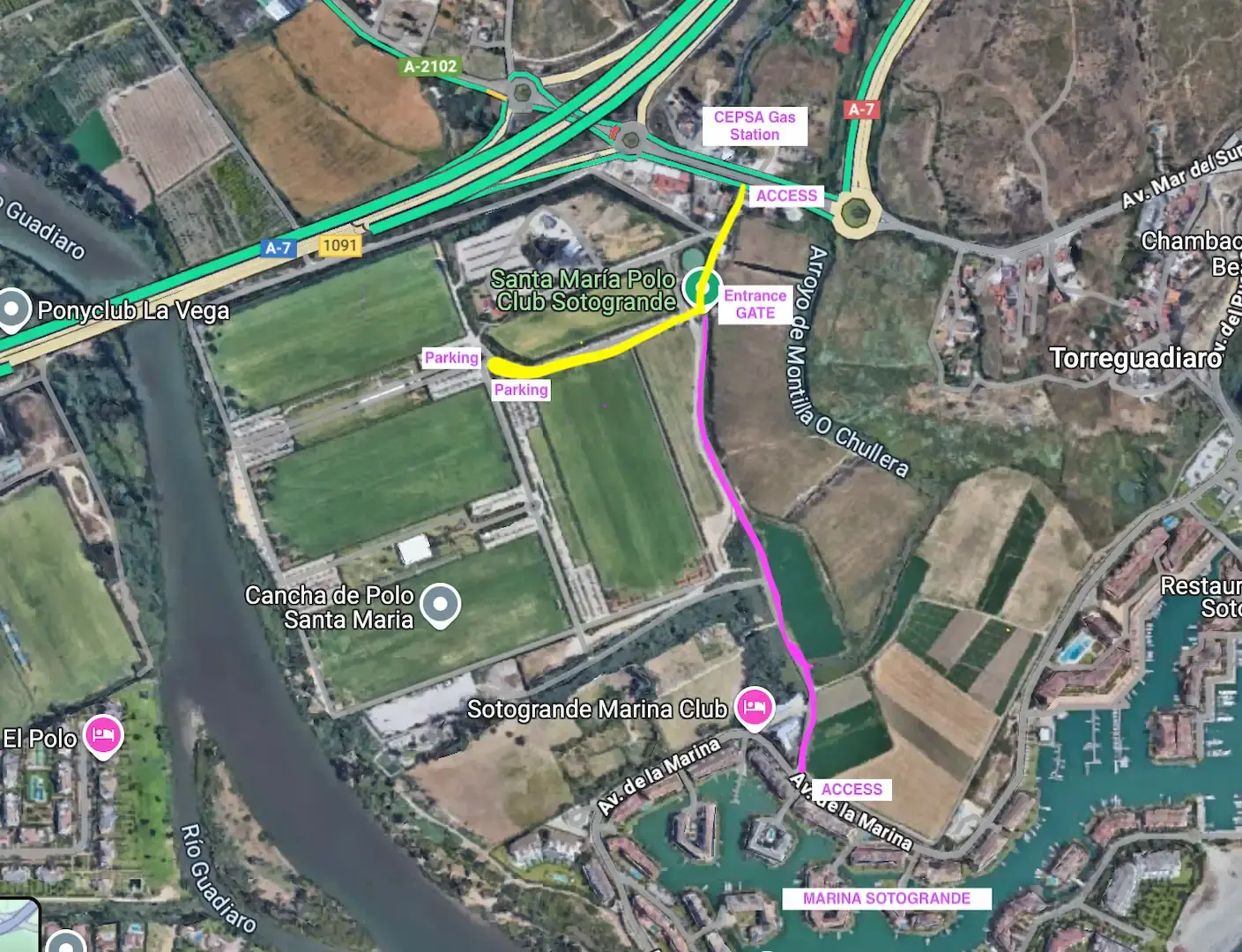 MAP - Access Santa Screeshot and detail of google maps - María Polo Club - International Polo Tournament Sotogrande