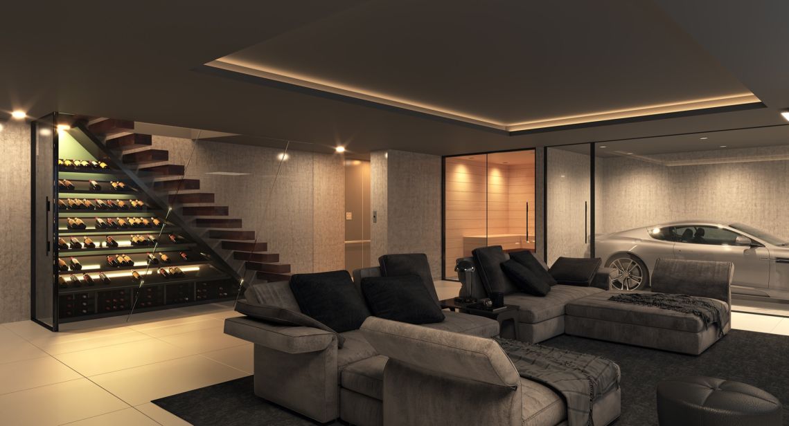 Archive basement concept with leisure space, sauna and garage