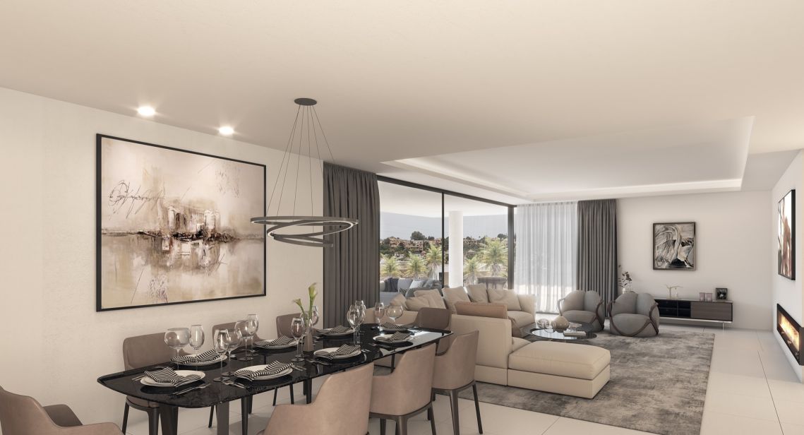 Archive concept render of an open-plan villa living and dining room