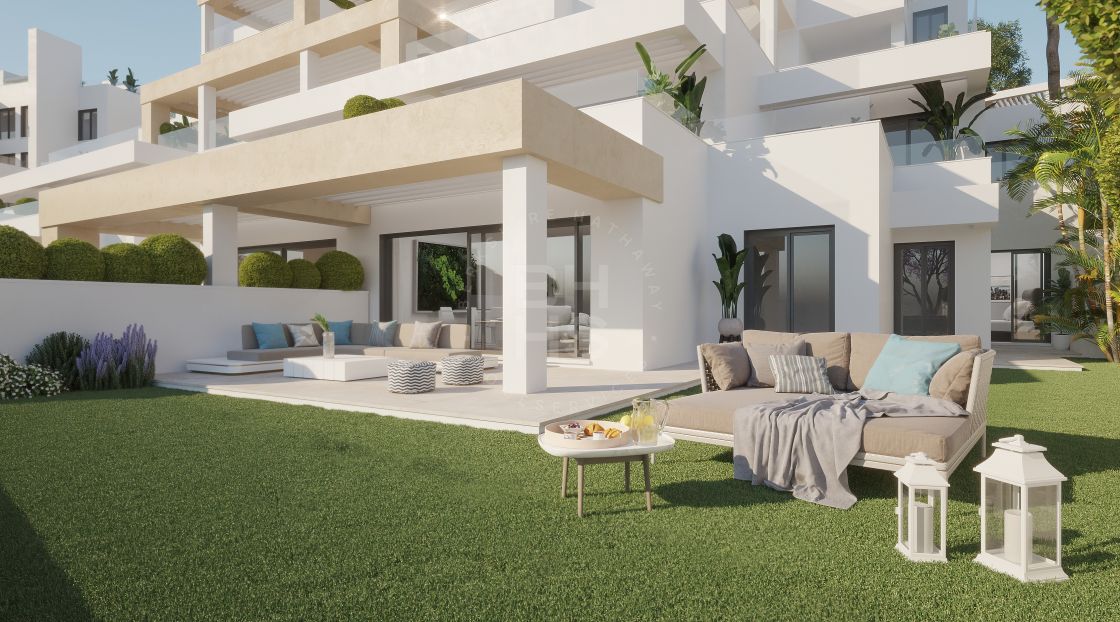 Bright, spacious off-plan front line golf garden apartment in Estepona Golf