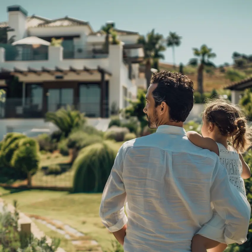 A beautiful partial rear shot, side profile, of a middle age brown hair woman smiling in front of her luxury apartment in Marbella. Sunny day, sharp morning light, Spain, elegant and relaxed clothing