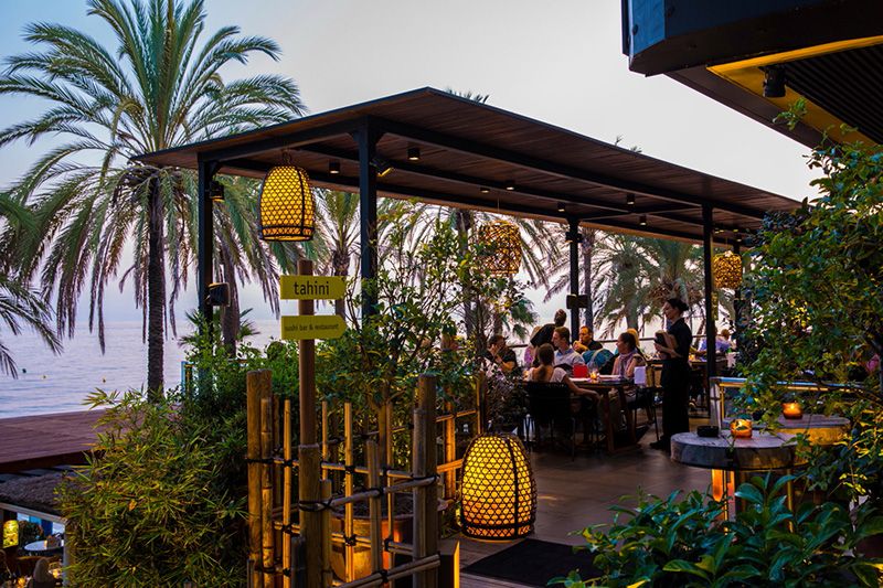 Italian Restaurant Sea View in Puerto Banus Marbella. Panoramic Terrace,  Italian Cuisine, Outdoor Dining