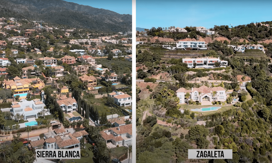 Fotografi som jämför flygfotografier av La Zagaleta och Sierra Blanca. 