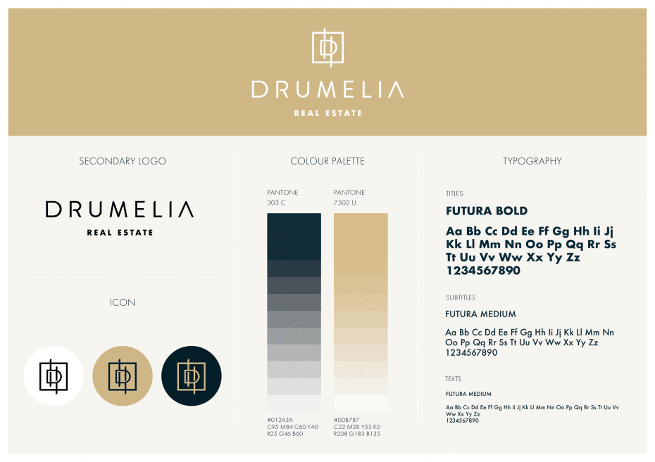 Fotografi över hur Drumelia Real Estate har antagit en ny varumärkesidentitet och visar exempel på deras varumärkesarbete. 