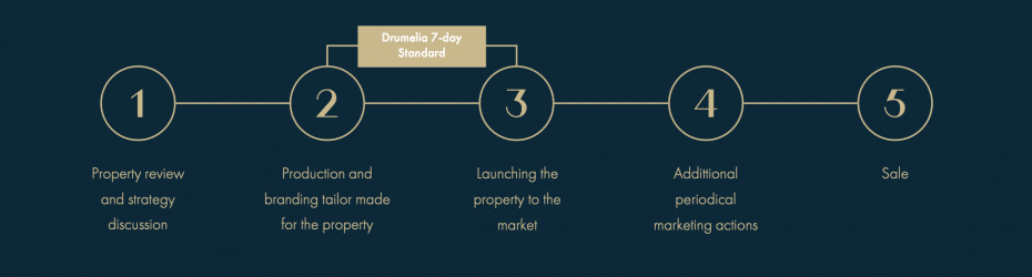 Photograph of a grpah detaling how Drumelia's 7 day standard works, including the timeframe for services