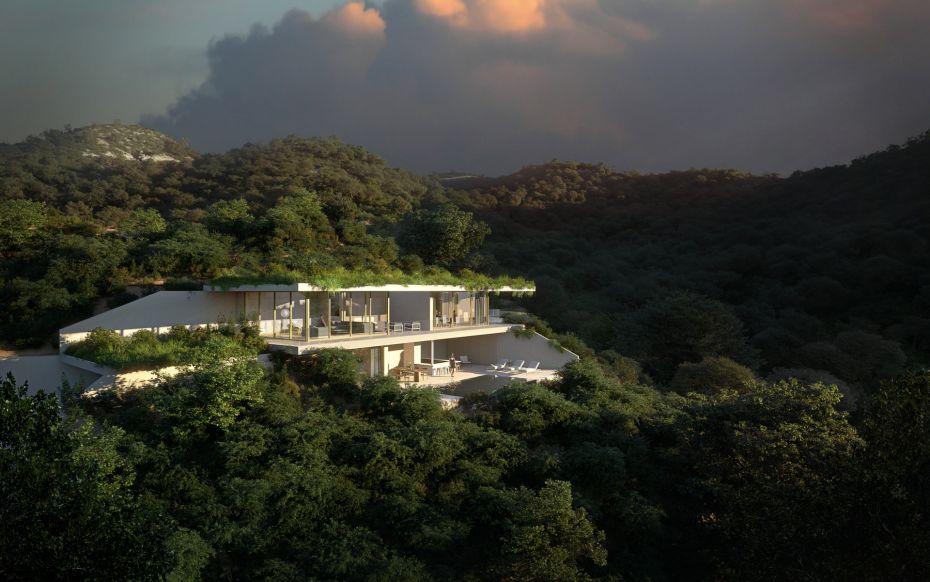 Photograph of a facade of a property in Monte Mayor that has used live greenery to cover the facade.