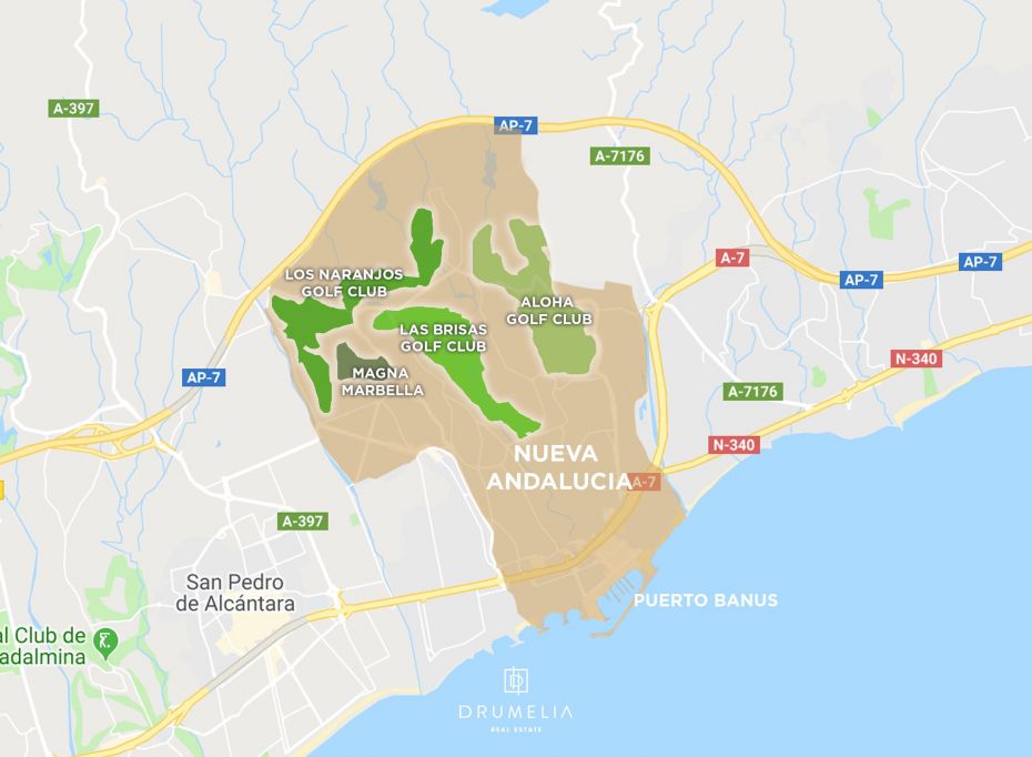 mapa de campos de golf en Nueva Andalucia 