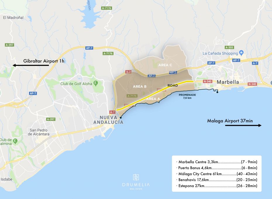 Grafische kaart met de aangewezen gebieden binnen de Marbella Golden Mile. 
