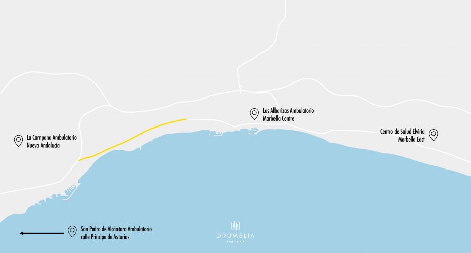 Foto eines Stadtplans von Marbella, auf dem alle Ambulatorien eingezeichnet sind