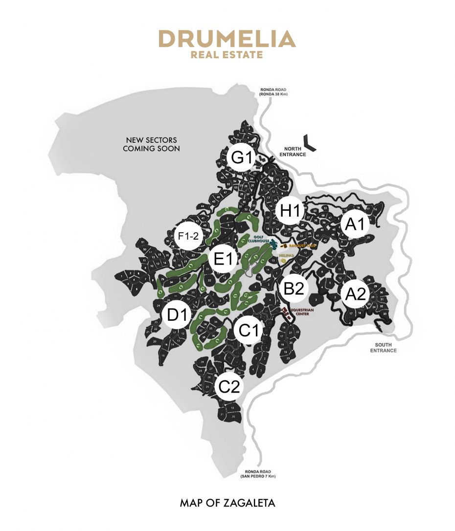 Carte de Zagaleta avec les secteurs et les principaux points d'intérêt