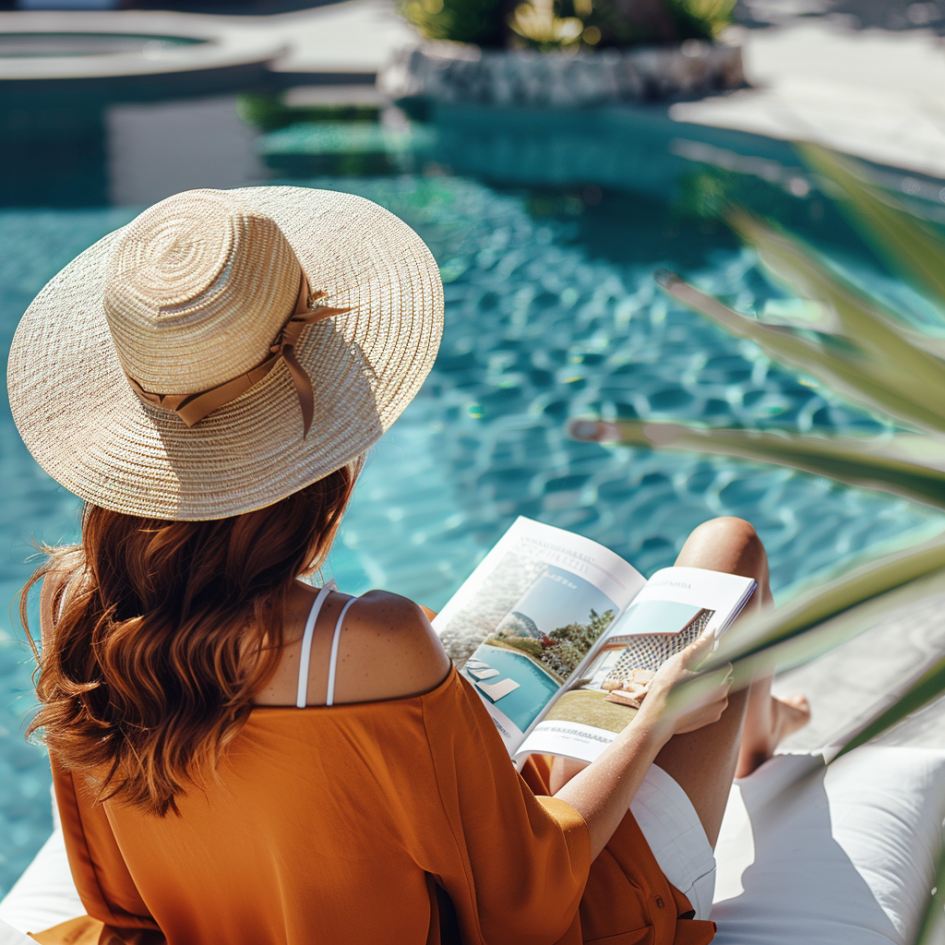 Una imagen desde el hombro de una mujer leyendo una revista de bienes raíces de lujo mientras se baña al sol cerca de una piscina reluciente, vistiendo ropa elegante y relajada. Ella está mirando la revista, donde podemos ver propiedades anunciadas en las páginas.