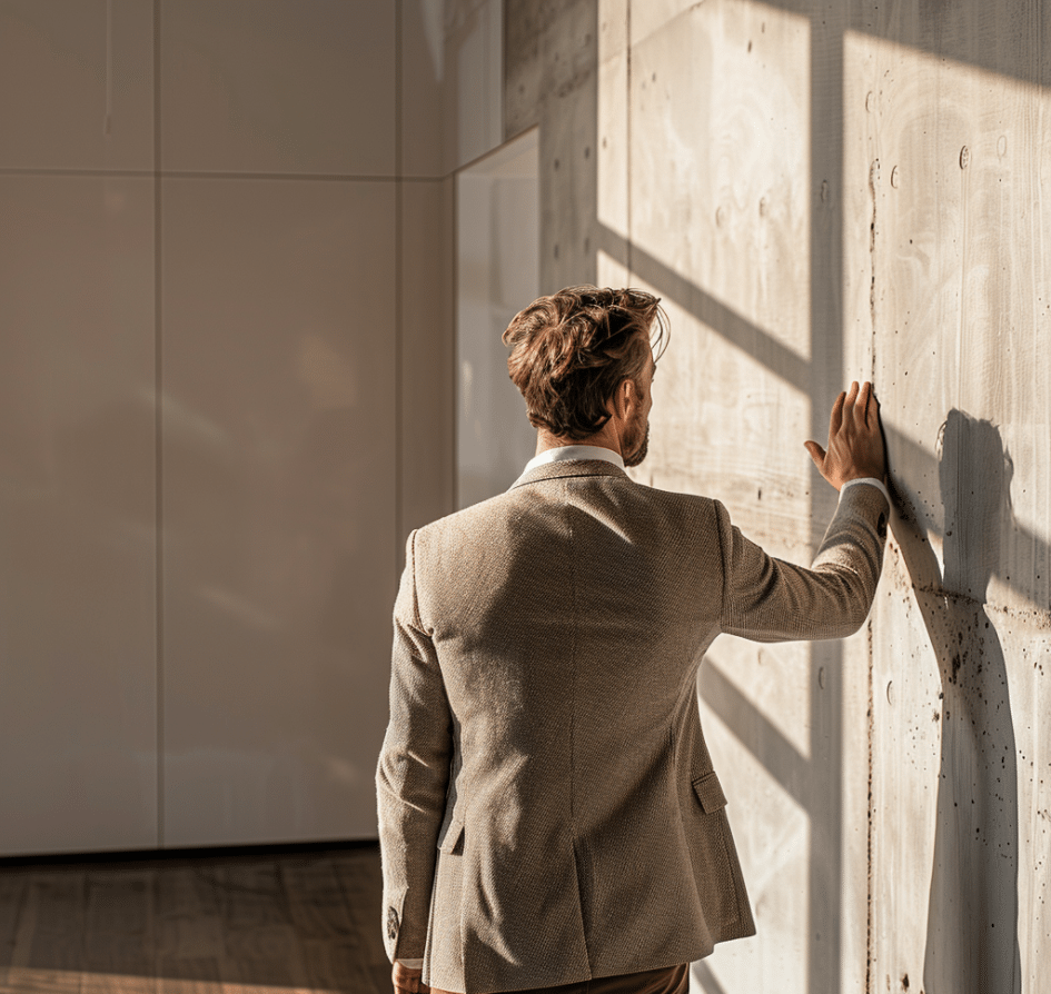 a rear middle shot of a male real estate agent inside a modern minimal house wearing relaxed elegant blazer, looking to the celling, touching the wall, morning light, no shadows, spacious, relaxed pose