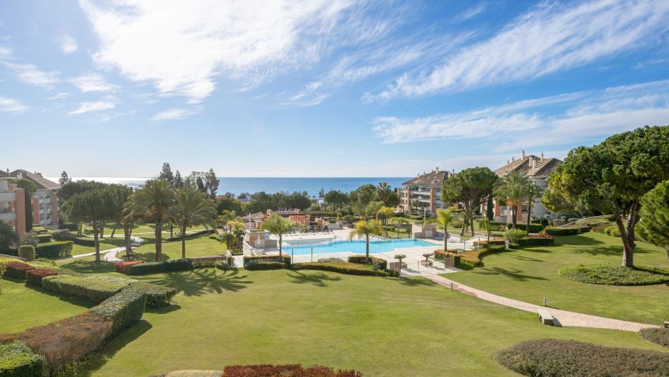 La Trinidad pool and gardens looking to the Mediterranean Sea, Marbella Golden Mile