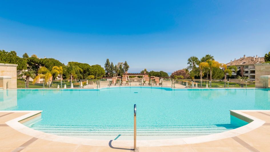 View from pool entry to the Mediterranean Sea from La Trinidad community on Marbella Golden Mile