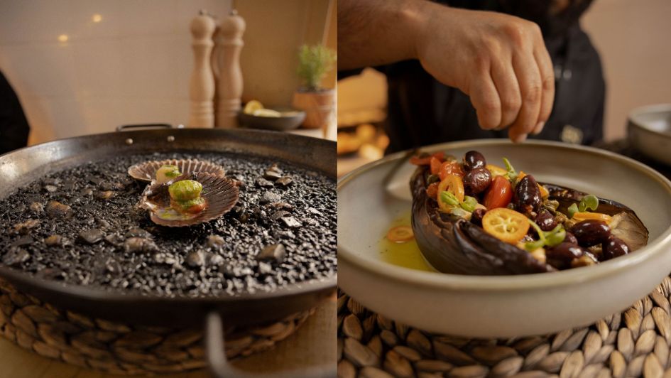 Black Paella and Eggplant dish at Beso Beach Club Estepona, Costa del Sol
