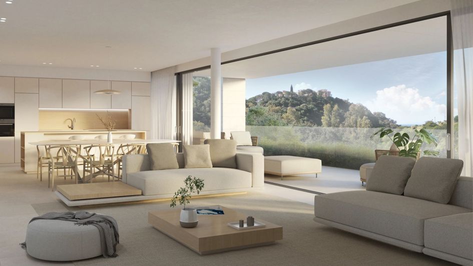 Render del salón del apartamento Sira Homes en Elviria Hills, con vistas al mar y a la montaña