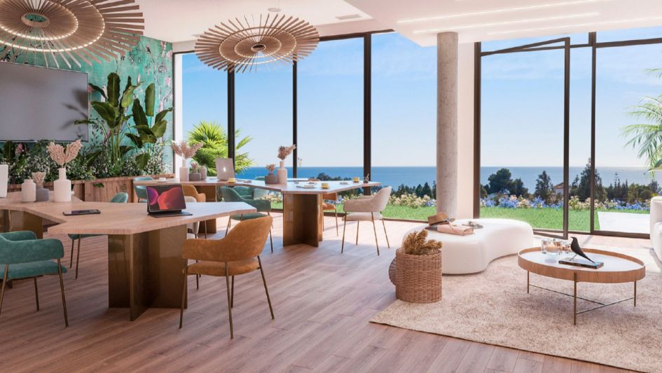 Renderización del espacio de coworking con vistas al mar en Soleia Living, villas sobre plano en El Chapparal, Mijas Costa; Costa del Sol